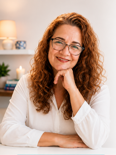 Edla Santa Brígida sentada à mesa, de camisa branca e óculos, em ambiente claro com abajur, vela e livros ao fundo