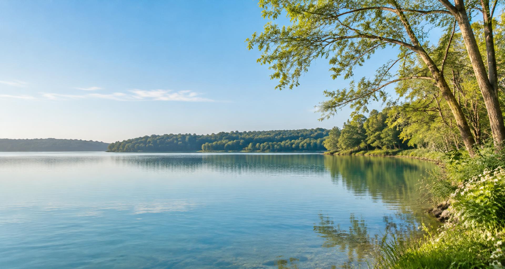Lago tranquilo com árvores e reflexos suaves na água
